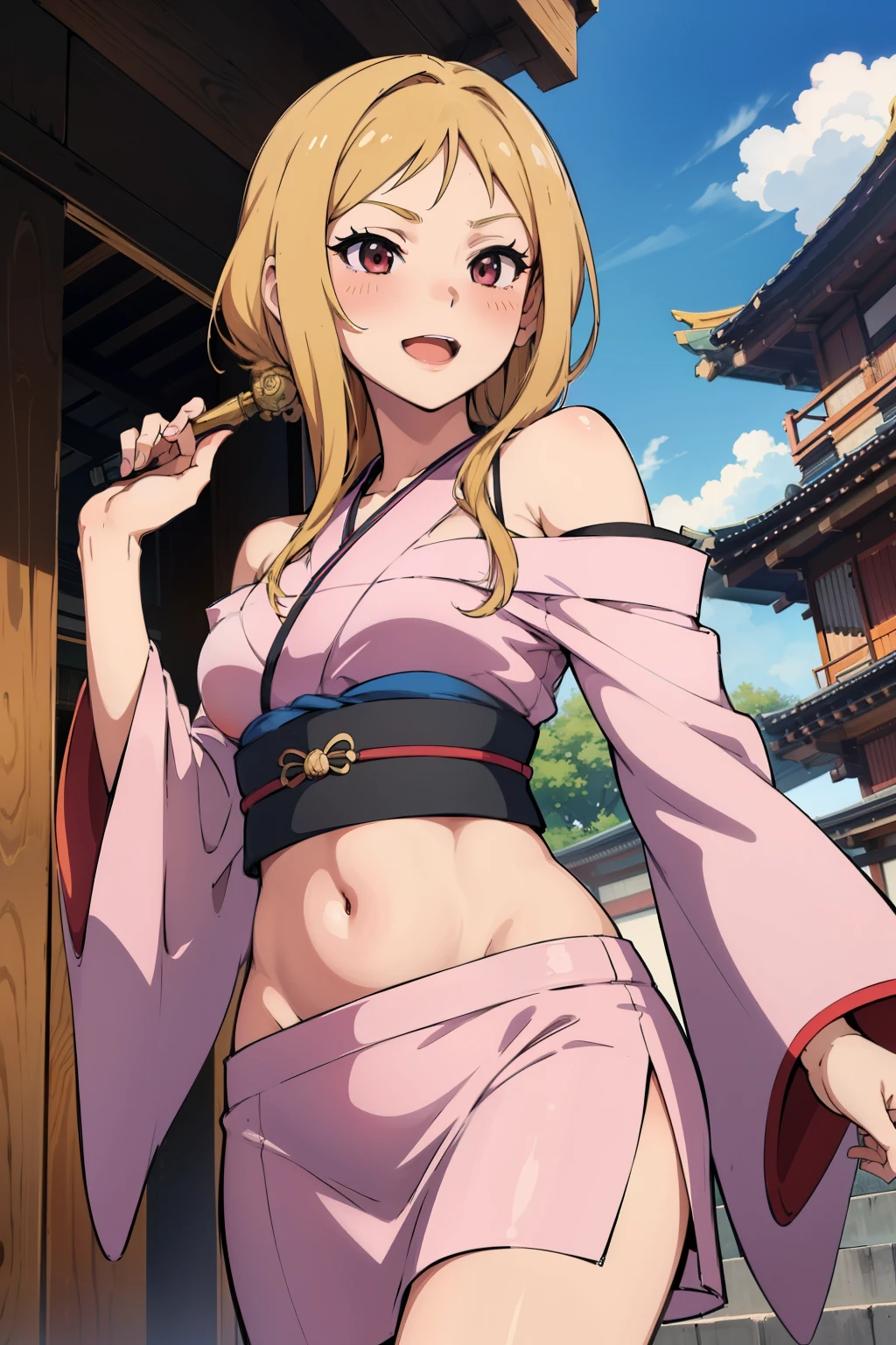 Rio Momose,  lipstick, blush,  masterpiece, best quality, highly detailed, a anime girls in kimono dress with a sword posing for a
picture, bare shoulder,open kimono, evil smile, open mouth, crop top , (nsfw) not safe for work, smile,
ecchi anime style, anime girls, ecchi style, ecchi, digital anime art!!, in anime style, official artwork, visual
novel cg, beautiful anime girl, anime style 4 k, kimono pencil skirt, exposed belly, exposed navel,
exposed midriff, exposed lower belly, outdoor, japanese architecture, temple