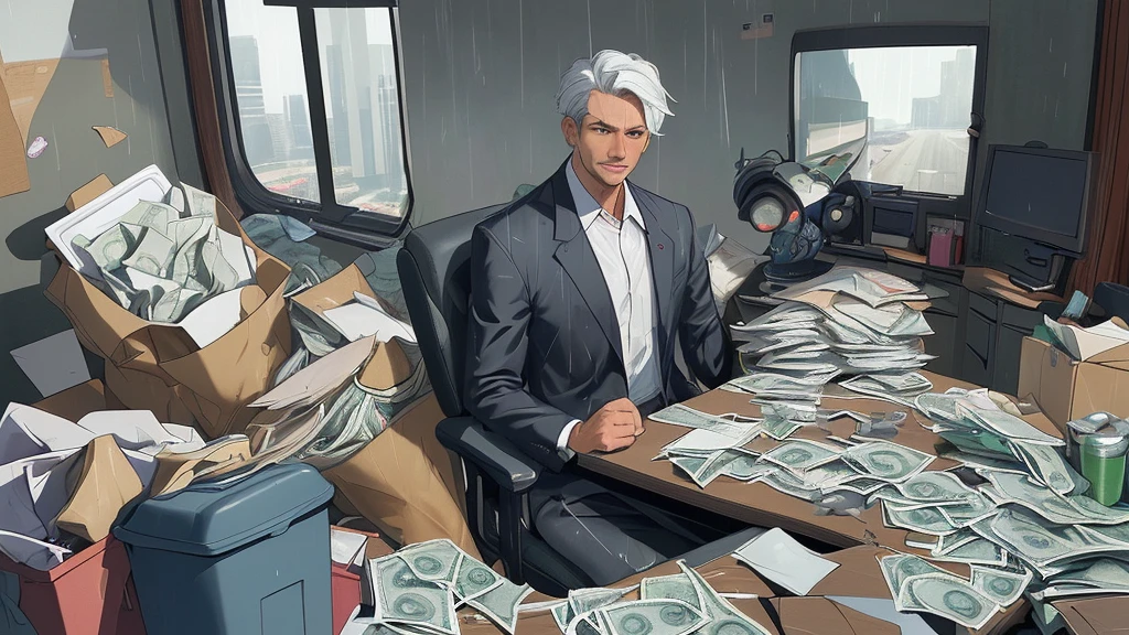 Create an image of several politicians sitting at their desks full of money and in luxury, of the front, garbage truck xom its garbage men collected garbage in the ugly and rain