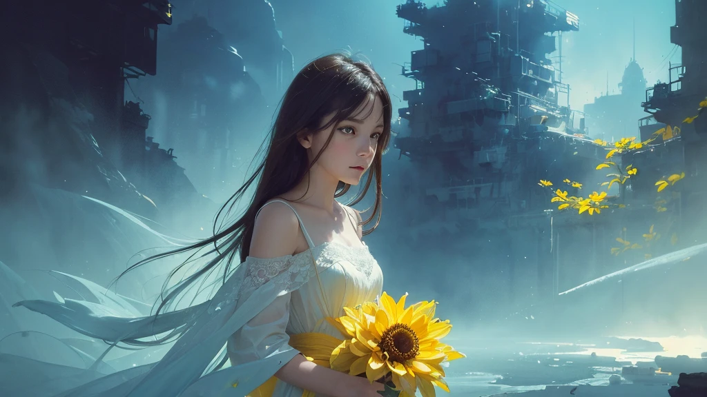 32k, Masterpiece, Highest quality, One girl, Brown Hair, Detailed eyes, flower,Dahlia, Light blue and yellow style,A dreamy, romantic piece,Pale yellow, Mysterious Leaves,A playful arrangement,Fantasy,High Contrast,Ink strokes,explosion,Exposure, Impression of light blue and yellow tones,Abstract,((Watercolours by John Berkey and Jeremy Mann )) Brush strokes,Negative Space, Tyndall effect,