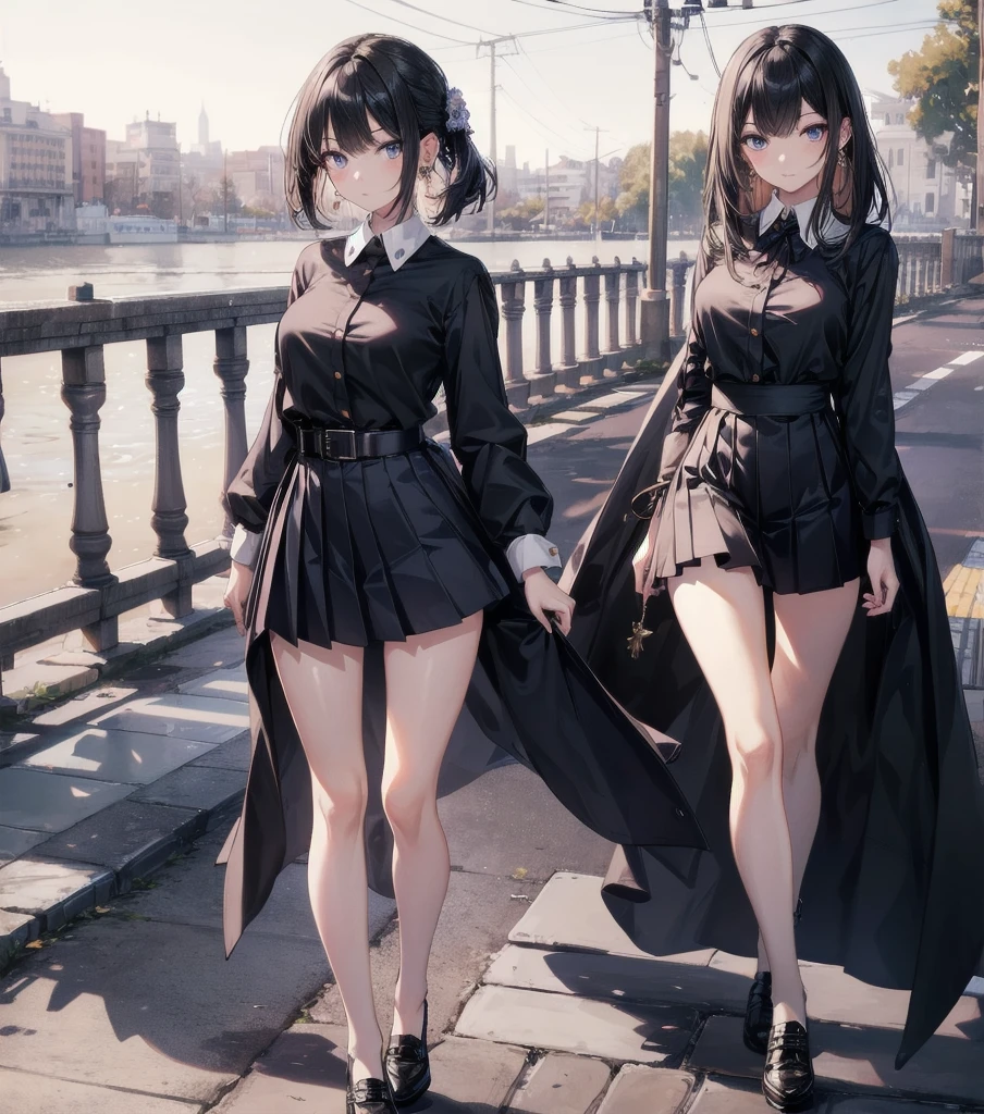 absurdres, RAW photo, extremely delicate and beautiful, masterpiece, Best Quality, ultra high resolution, 32k, hyperrealistic, ultra-detailed, perfect anatomy, super Detailed skin, perfect figure, Japanese woman, late 20s, very Slim body, narrow waist, very small head, handsome detailed woman, very detailed eyes and face, realistic face proportions, Stunning detailed eyes, Realistic beautiful face, very small face, Realistic small beautiful eyes, tearful mole, earring, beautiful and very thin legs, beautiful and very thin thighs, ((very huge round breasts)), medium hair, black hair, ((full body shot)), ((school_uniform)), ((outdoor)),