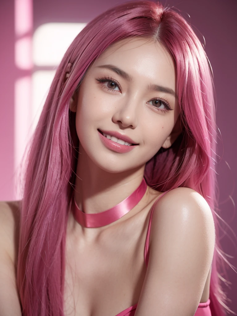 1girl, alone, solitary, high quality, (best quality,4k,8k,highres,masterpiece:1.2),ultra-detailed,(realistic,photorealistic,photo-realistic:1.37),gorgeous hair,fuchsia hair,long straight hair with bangs,sharp eyes,mole under the eye,plump lips,jewelry,(high detailed skin:1.4),(rim lighting:1.3),(lit:1.3),(sunny day:1.3),portrait,beautiful lips,waist-length hair,seductive gaze,moles,casual clothes,colorful clothing,close up,super long hair,choker necklace,tattoos,tattooed,light eyes,bangs,fringe,20 year old,dimples on the cheeks,dimples,beautiful smile,perfect teeth,straight teeth,perfect sized teeth,dazzling smile,neon pink hair,neonhair,magenta hair,bright neon pink hair,neon pink,neonpink