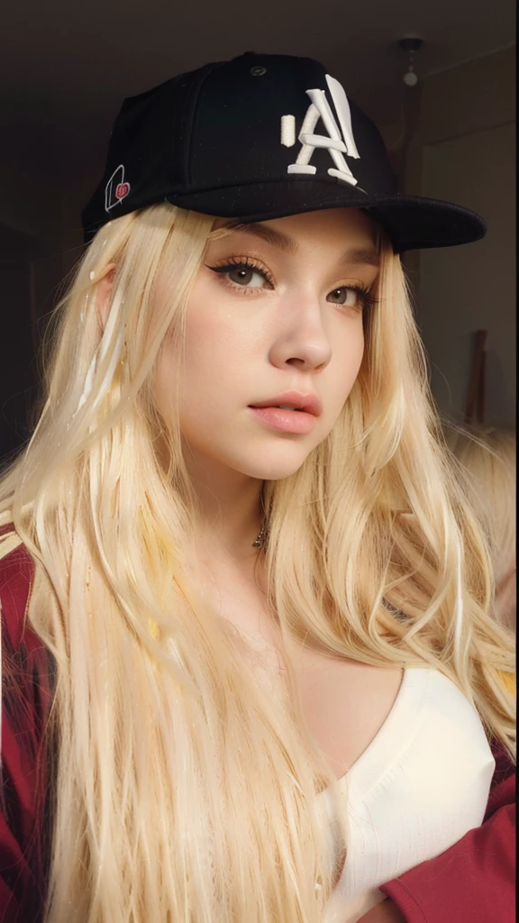 a Close up of a woman with long blonde hair wearing a baseball cap, Cl, ava max, parque roseanne de blackpink, light yellow hair, extremely light blonde hair, with white long hair, with long blonde hair, A girl with blonde hair, long YELLOW hair, medium yellow blonde hair, with long white hair, Asian with long hair, very light blonde hair