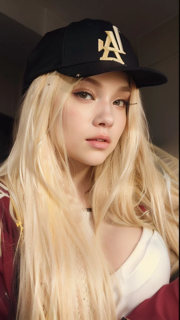 a Close up of a woman with long blonde hair wearing a baseball cap, Cl, ava max, parque roseanne de blackpink, light yellow hair, extremely light blonde hair, with white long hair, with long blonde hair, A girl with blonde hair, long YELLOW hair, medium yellow blonde hair, with long white hair, Asian with long hair, very light blonde hair