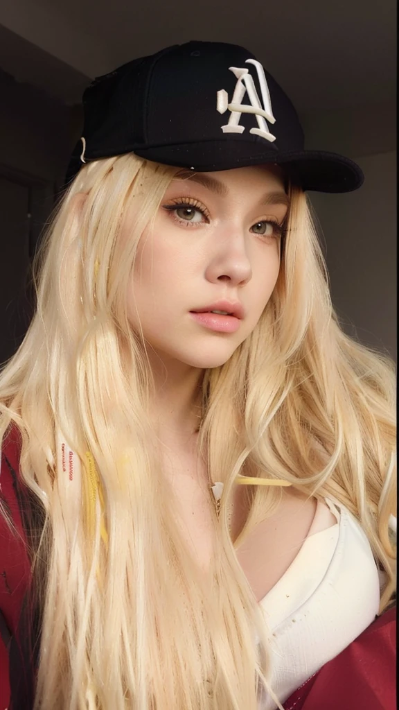 a Close up of a woman with long blonde hair wearing a baseball cap, Cl, ava max, parque roseanne de blackpink, light yellow hair, extremely light blonde hair, with white long hair, with long blonde hair, A girl with blonde hair, long YELLOW hair, medium yellow blonde hair, with long white hair,  Asian with long hair, very light blonde hair
