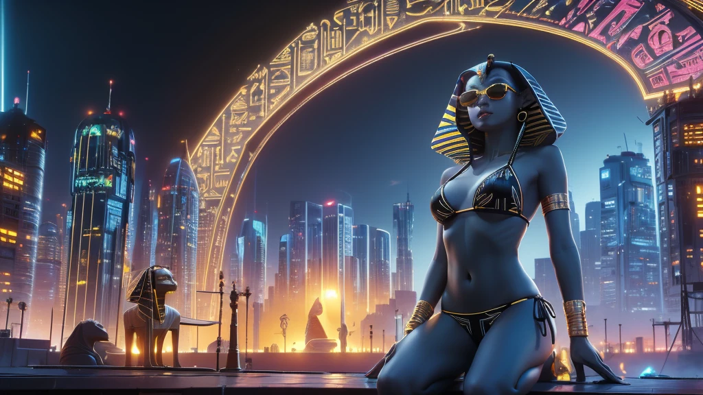 (((a medium-breast bikini slim GIRL with black micro sunglasses))), (((aiming at viewer with a pistol))), a balcony of a futuristic building, aerial view of an ultra-futuristic megalopolis, many metal buildings and houses in dark colors from dark blue to black, a cidade tem tons de cinza metal, has smoky metal structures , industrial environment with smoke and fog around, carros escuros nas ruas, desert megalopolis, trilhos e trens modernos de de metal passando estre as ruas da cidade, tall futuristic metal buildings, many ultra modern buildings around, (((an Egypt sphinx statue on the top of building))), realistic, detailed, sci-fi.