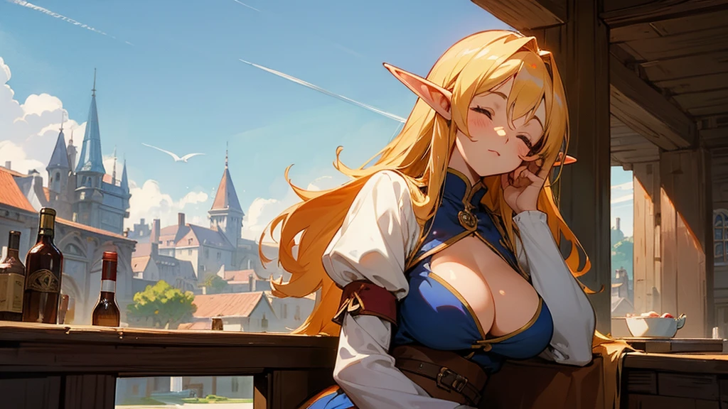 Anime Style,Nostalgic,Detailed background,The medieval world,A lively bar with lots of people,Beautiful sky,Beautiful bard elf girl with closed eyes,Large Breasts