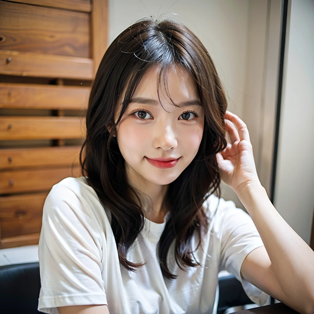 Highest quality, Face Focus, Soft Light, Ultra-high resolution, (Realistic:1.4), RAW Photos, 1 Japanese girl, Being alone, cute, (A happy smile), (Brown eyes, Light in your eyes), Beautiful face in every detail, (Small box),(High resolution detail of human skin texture), (Long Hair), White wall、Distant View、Wearing a T-shirt、Being in college、During class

