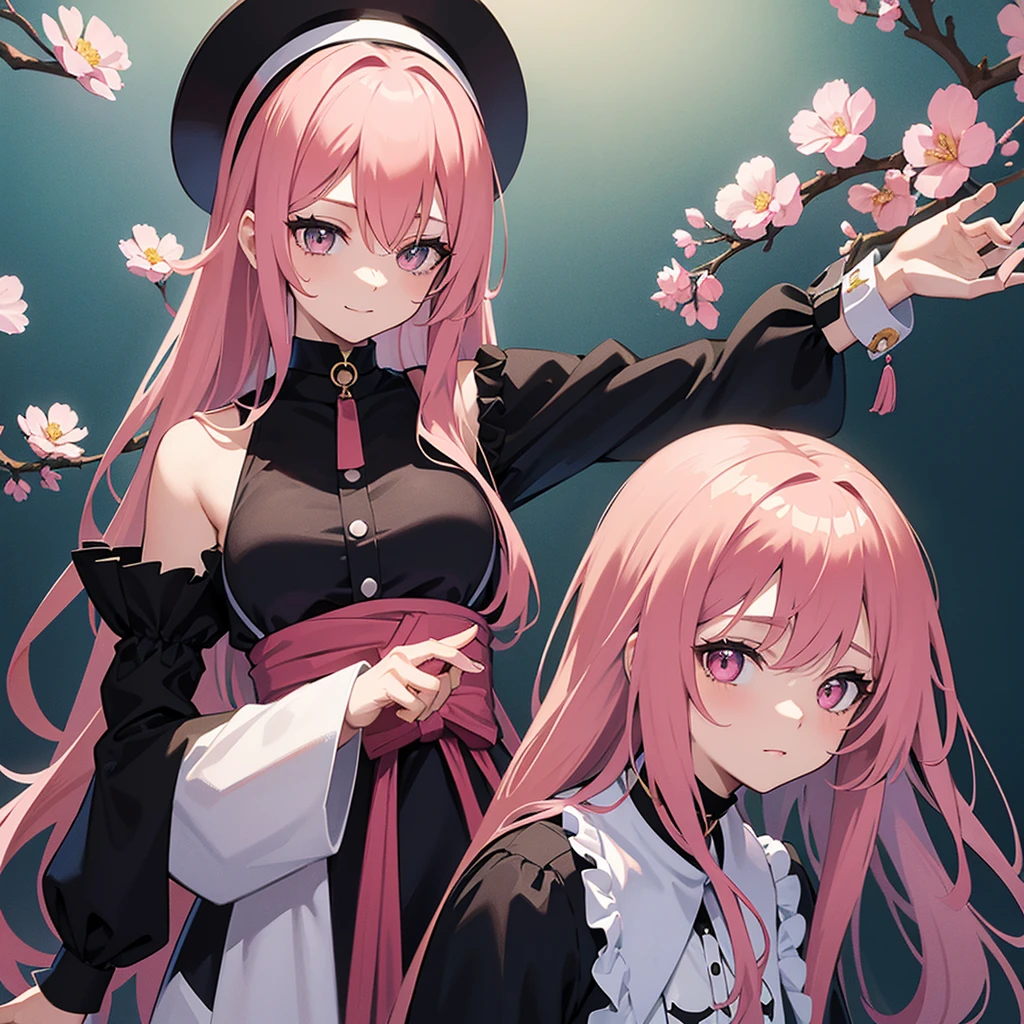 She is an anime style girl, She has long, wavy pink hair that fades to a lighter shade at the ends. She wears a black sleeveless button-front blouse and what appears to be a choker necklace.. He also has a white accessory on his head., similar to a hat or headband adorned with flowers on one side, He is posing at an angle of 3/4 looking over his shoulder very happy.