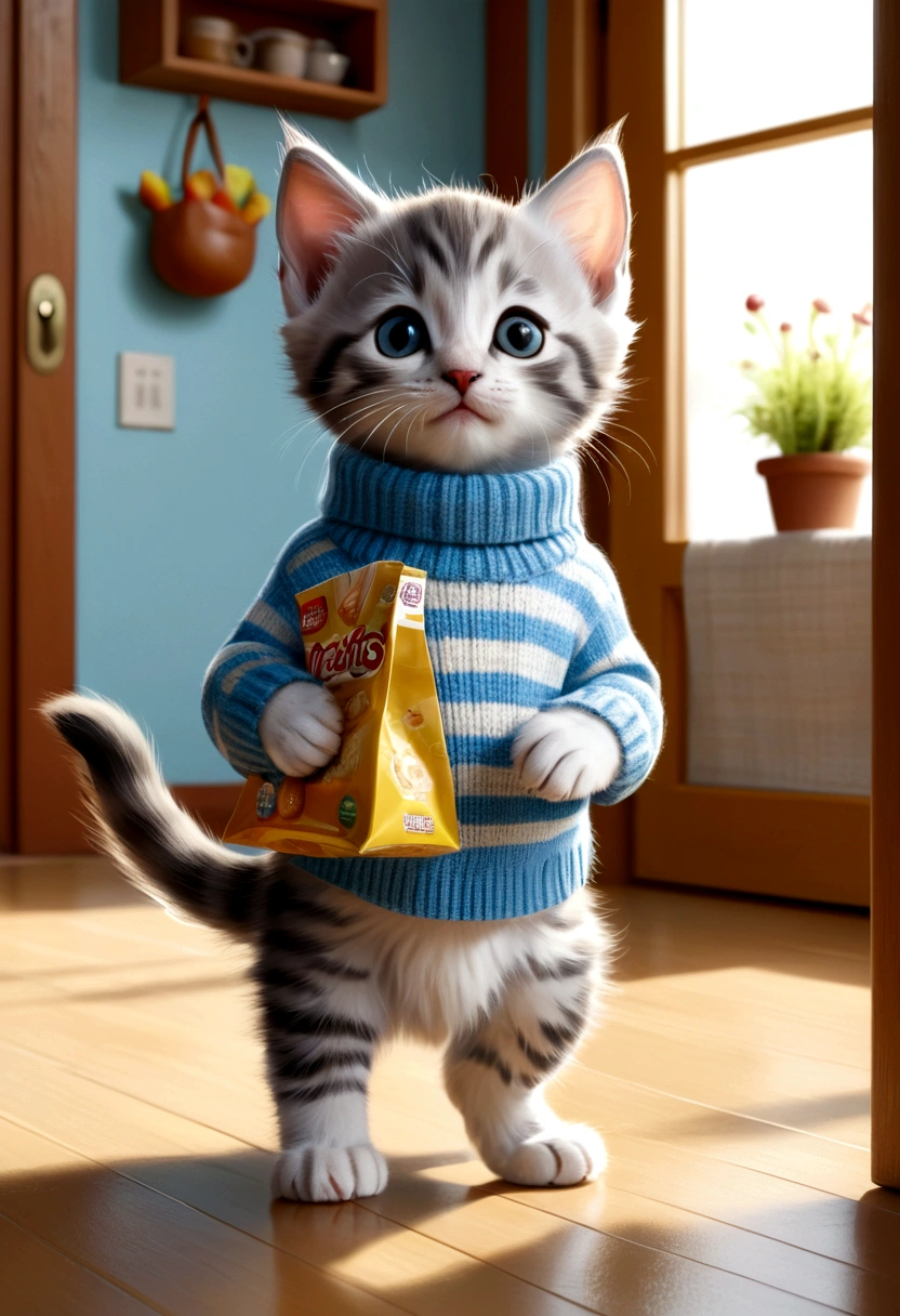 Leo, the kitten kitten, is back home after her supermarket adventure. He is standing in the middle of the living room of the small house, holding the makeshift bag full of treats with its front paws. His look is one of pure excitement as he shows the treats to the viewer., her little light blue sweater with white stripes standing out against the cozy atmosphere of the room.