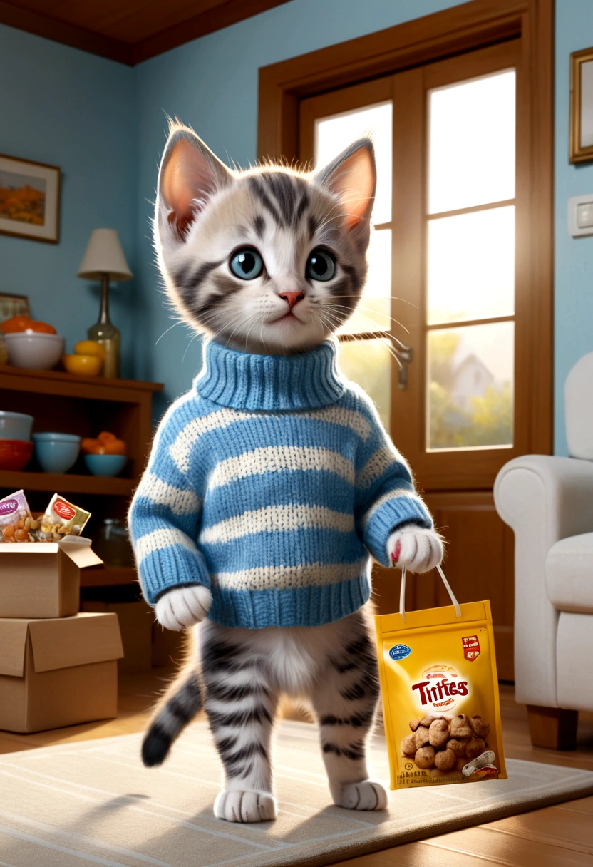Leo, the kitten kitten, is back home after her supermarket adventure. He is standing in the middle of the living room of the small house, holding the makeshift bag full of treats with its front paws. His look is one of pure excitement as he shows the treats to the viewer., her little light blue sweater with white stripes standing out against the cozy atmosphere of the room.