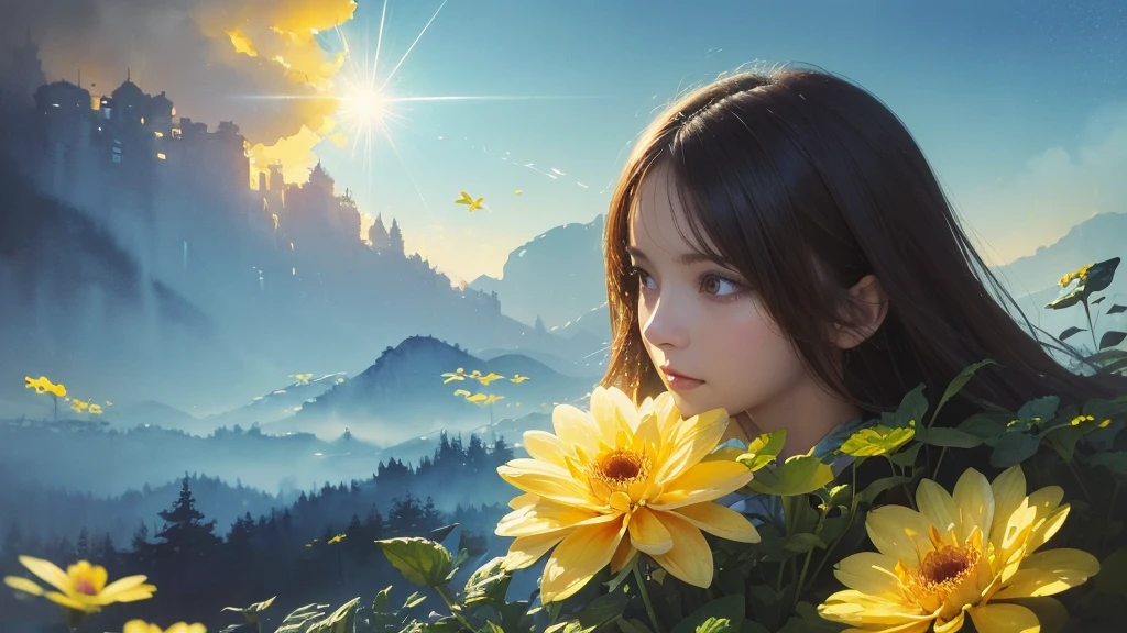 32k, Masterpiece, Highest quality, One girl, Brown Hair, Detailed eyes, flower,Dahlia, Light blue and yellow style,A dreamy, romantic piece,Pale yellow, Mysterious Leaves,A playful arrangement,Fantasy,High Contrast,Ink strokes,explosion,Exposure, Impression of light blue and yellow tones,Abstract,((Watercolours by John Berkey and Jeremy Mann )) Brush strokes,Negative Space, Tyndall effect,