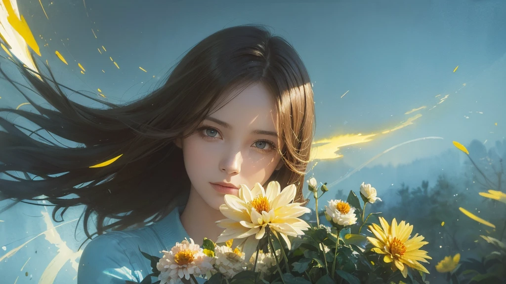 32k, Masterpiece, Highest quality, One girl, Brown Hair, Detailed eyes, flower,Dahlia, Light blue and yellow style,A dreamy, romantic piece,Pale yellow, Mysterious Leaves,A playful arrangement,Fantasy,High Contrast,Ink strokes,explosion,Exposure, Impression of light blue and yellow tones,Abstract,((Watercolours by John Berkey and Jeremy Mann )) Brush strokes,Negative Space, Tyndall effect,