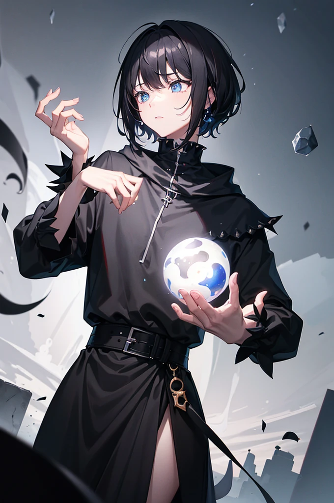 (Absurd, High resolution, Ultra-detailed), masterpiece, Highest quality, A man wearing black clothes and a black cloak, Has a black hole ,Holding a black hole in hand , 公式characterアート, short hair, Black Hair, Glowing blue eyes, Finely grained, Spiky Hair, City in Ruins, Dark Background, Black Swirl, Black swirl, Looking up from below, Looking up, character , White shirt , （A black energy ball in one hand）