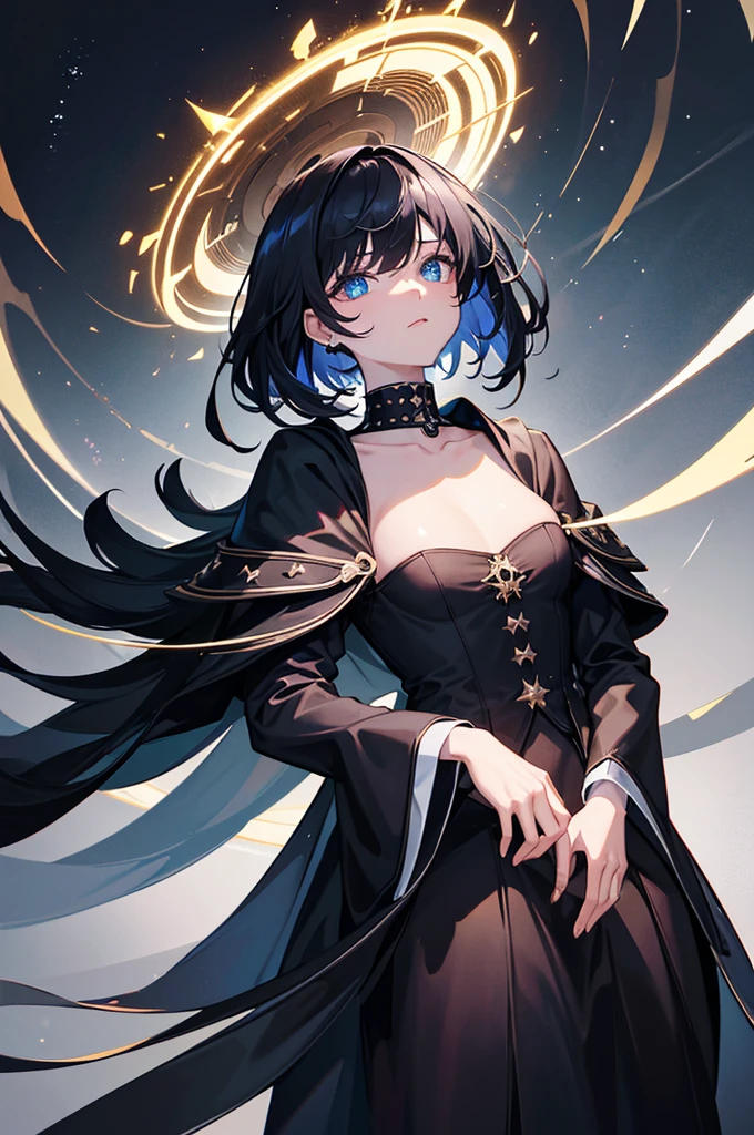 (Absurd, High resolution, Ultra-detailed), masterpiece, Highest quality, A man wearing black clothes and a black cloak, Has a black hole ,Holding a black hole in hand , 公式characterアート, short hair, Black Hair, Glowing blue eyes, Finely grained, Spiky Hair, City in Ruins, Dark Background, Black Swirl, Black swirl, Looking up from below, Looking up, character , White shirt , (A black energy ball in one hand)