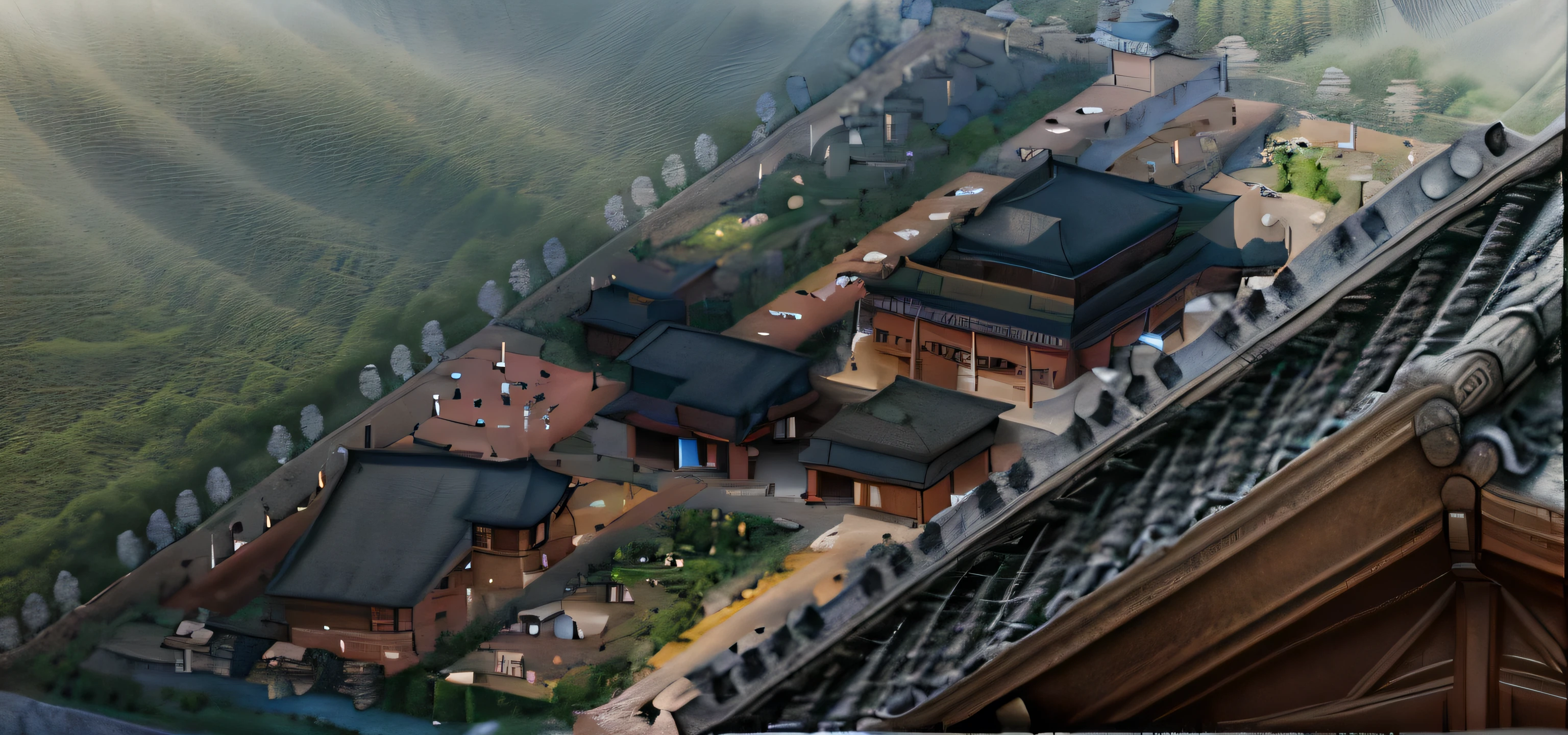 Top view,Aerial View,There are landscapes,Highest quality,Chinese Ink Painting,antiquity,Rural buildings between mountains and rivers,Decorative Arts,Sloped roof,Best quality,Architectural Photography,Photorealism,Hyperrealism,Ultra Detailed,V-ray,(architectural design)