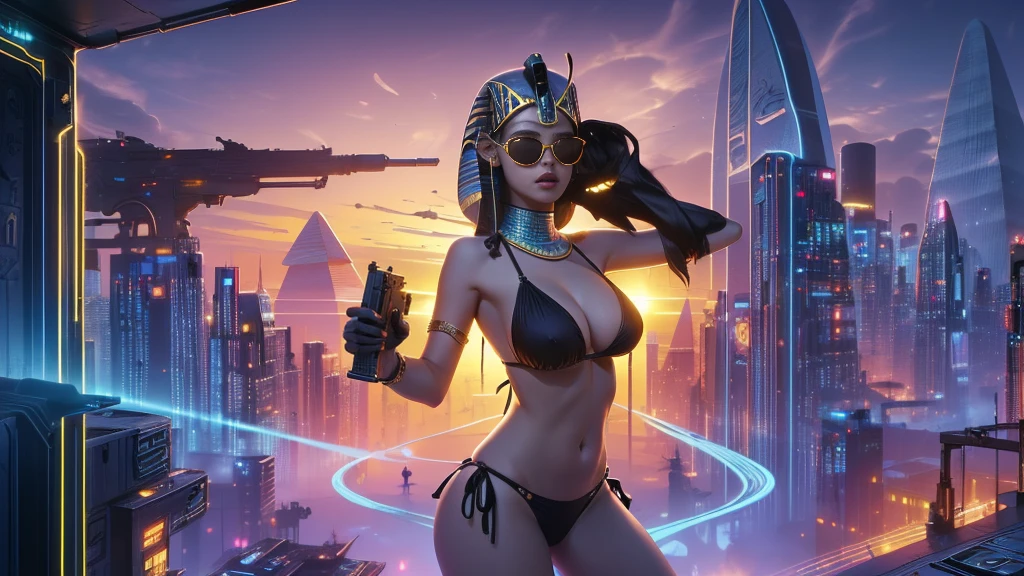 (((a medium-breast bikini slim GIRL with black micro sunglasses))), (((aiming at viewer with a pistol))), a balcony of a futuristic building, aerial view of an ultra-futuristic megalopolis, many metal buildings and houses in dark colors from dark blue to black, a cidade tem tons de cinza metal, has smoky metal structures , industrial environment with smoke and fog around, carros escuros nas ruas, desert megalopolis, trilhos e trens modernos de de metal passando estre as ruas da cidade, tall futuristic metal buildings, many ultra modern buildings around, (((an Egypt sphinx statue on the top of building))), realistic, detailed, sci-fi.
