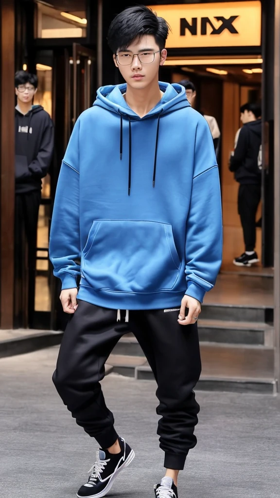 21 year old Shanghai boy, he is ((oversized xxl blue plain hoodie)), wearing black pants, wearing sneakers, wearing glasses, night club, fully body, (he is 한국 머리카락입니다) k pop style