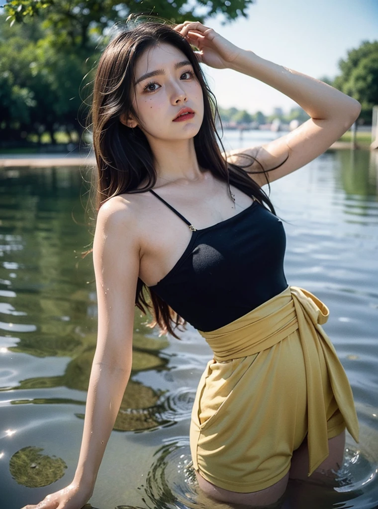 Masterpiece, Best Quality, (Best illustration), (Best Shade) Cute girl in the sea throws her head back, wet hair, (waist deep in water:1.5), sunset, long loose hair, splashes, drops, there is a woman that is holding a plant in her hand, color film photography 1970s, retro 1 9 7 0 s kodachrome, may 6 8, vintage color photo, hippie and boho fashion 1970s, color 1970, photo from the 70s, photo from the 7 0 s