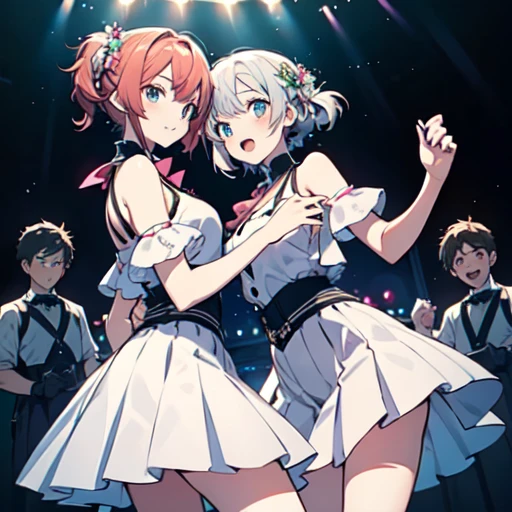 (masterpiece:1.2), (highest quality:1.2), Perfect Eyes, Perfect Face, Perfect lighting, 2 girls, group shot, dancing