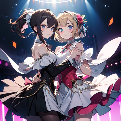 (masterpiece:1.2), (highest quality:1.2), Perfect Eyes, Perfect Face, Perfect lighting, 2 girls, group shot, dancing