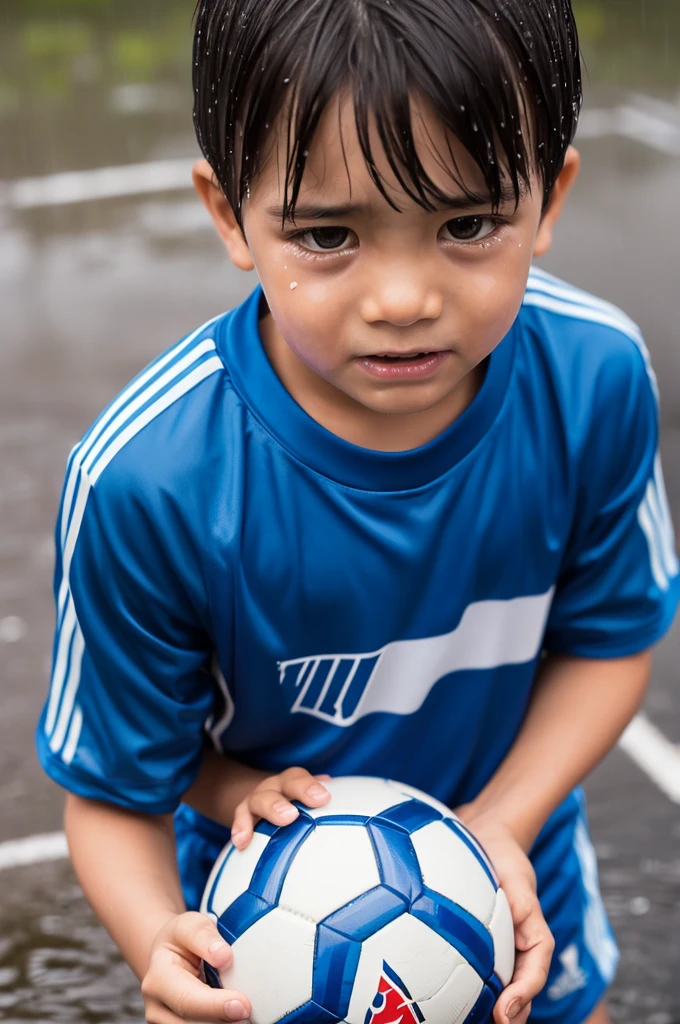 Crying boy holding a soccer ball in the rain