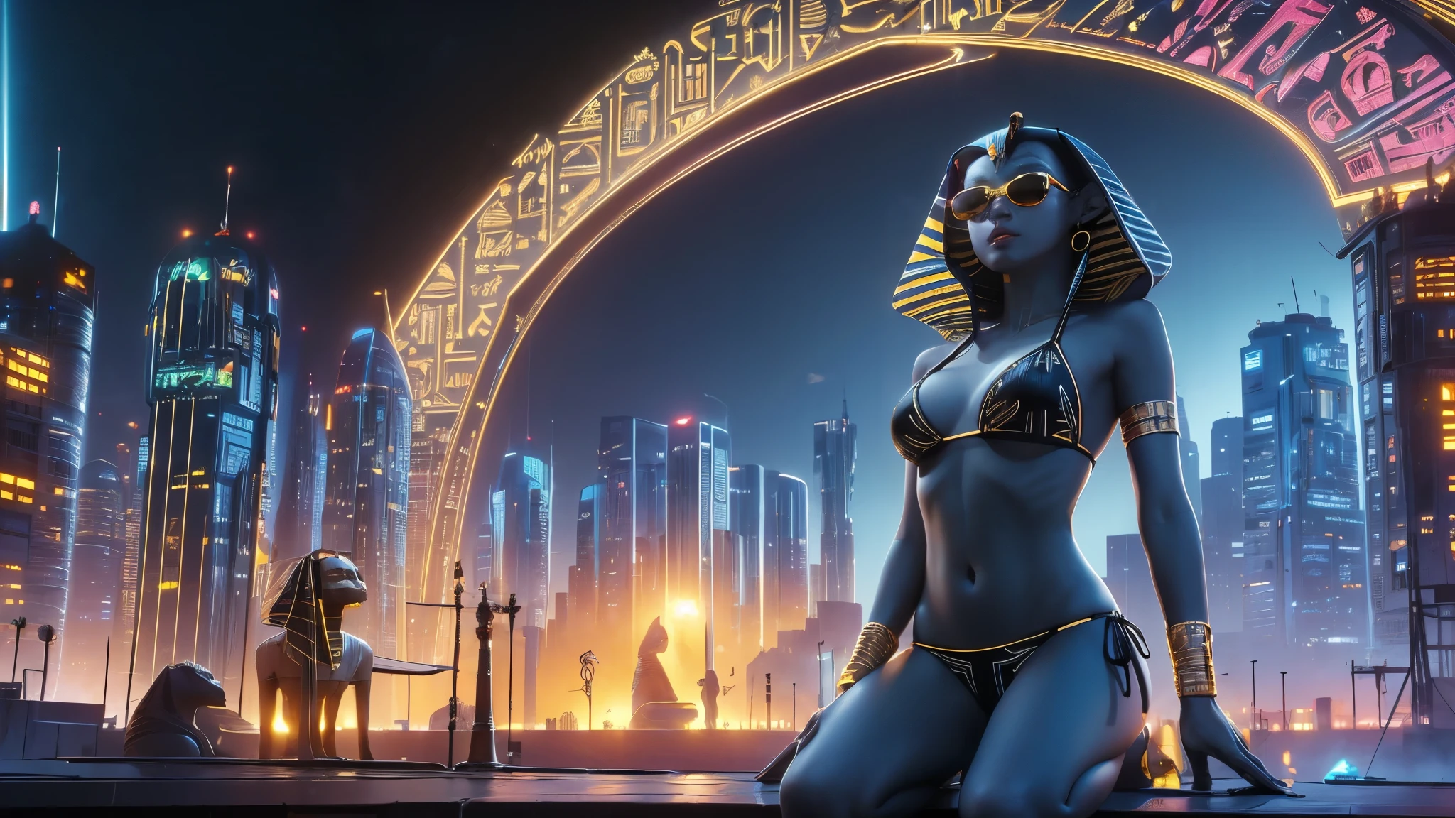(((a medium-breast bikini slim GIRL with black micro sunglasses))), (((aiming at viewer with a pistol))), a balcony of a futuristic building, aerial view of an ultra-futuristic megalopolis, many metal buildings and houses in dark colors from dark blue to black, a cidade tem tons de cinza metal, has smoky metal structures , industrial environment with smoke and fog around, carros escuros nas ruas, desert megalopolis, trilhos e trens modernos de de metal passando estre as ruas da cidade, tall futuristic metal buildings, many ultra modern buildings around, (((an Egypt sphinx statue on the top of building))), realistic, detailed, sci-fi.