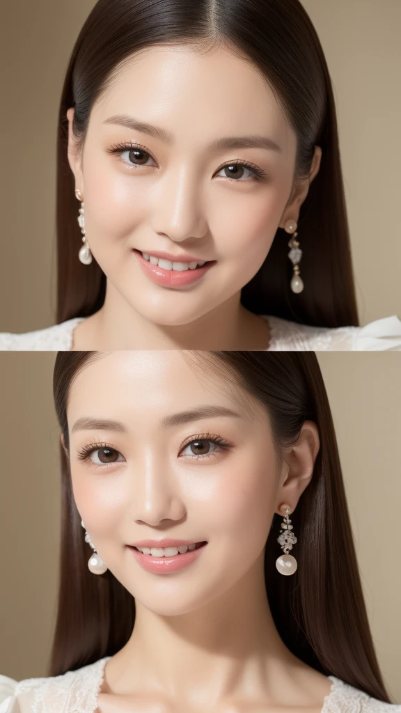 ((top-quality、in 8K、masterpiece:1.3、超A high resolution))、(Clear focus:1.4)、BREAK、A Japanese Lady、young、1 persons、The upper part of the body、From an angle、light skinned、((dark brown hair))、(ornate dress:1.2、Detailed fabrics、Delicate fabrics)、Super fine face、A detailed eye、Narrow-eyed、double eyelid、Reddish cheeks、Detailed skin、Sweating、Lustrous skin、Shine skin、Shaded skin、Wearing makeup、ruddy lips、a smile、Pearl Earrings、Large breasts、looking in camera、BREAK、(Detailed background、chies:1.3)、daytime、room lighting