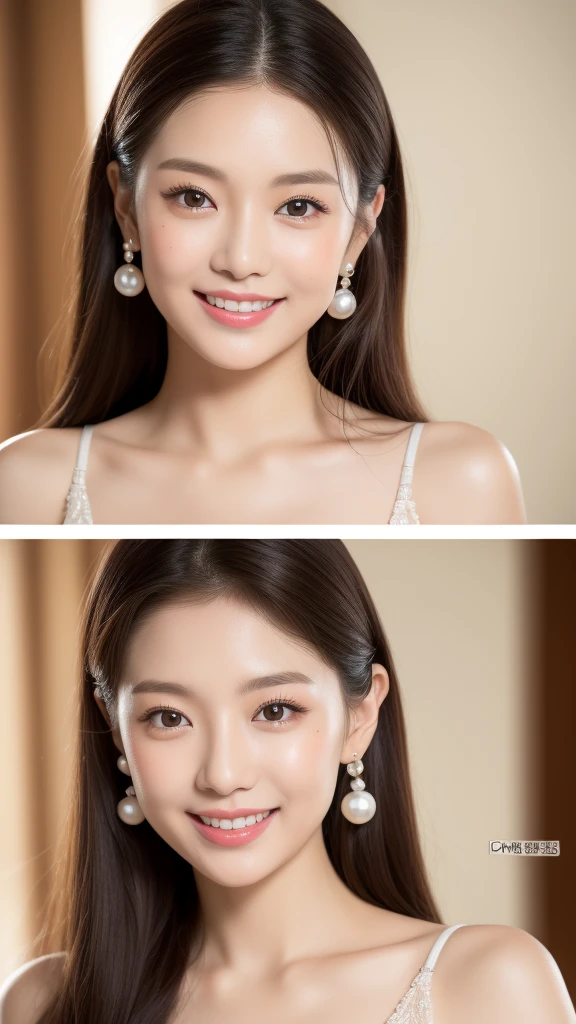 ((top-quality、in 8K、​masterpiece:1.3、超A high resolution))、(Clear focus:1.4)、BREAK、A Japanese Lady、young、1 persons、The upper part of the body、From an angle、light skinned、((dark brown  hair))、(ornate dress:1.2、Detailed fabrics、Delicate fabrics)、Super fine face、A detailed eye、Narrow-eyed、double eyelid、Reddish cheeks、Detailed skin、Sweating、Lustrous skin、Shine skin、Shaded skin、Wearing makeup、ruddy lips、a smile、Pearl Earrings、Large breasts、looking in camera、BREAK、(Detailed background、chies:1.3)、daytime、room lighting