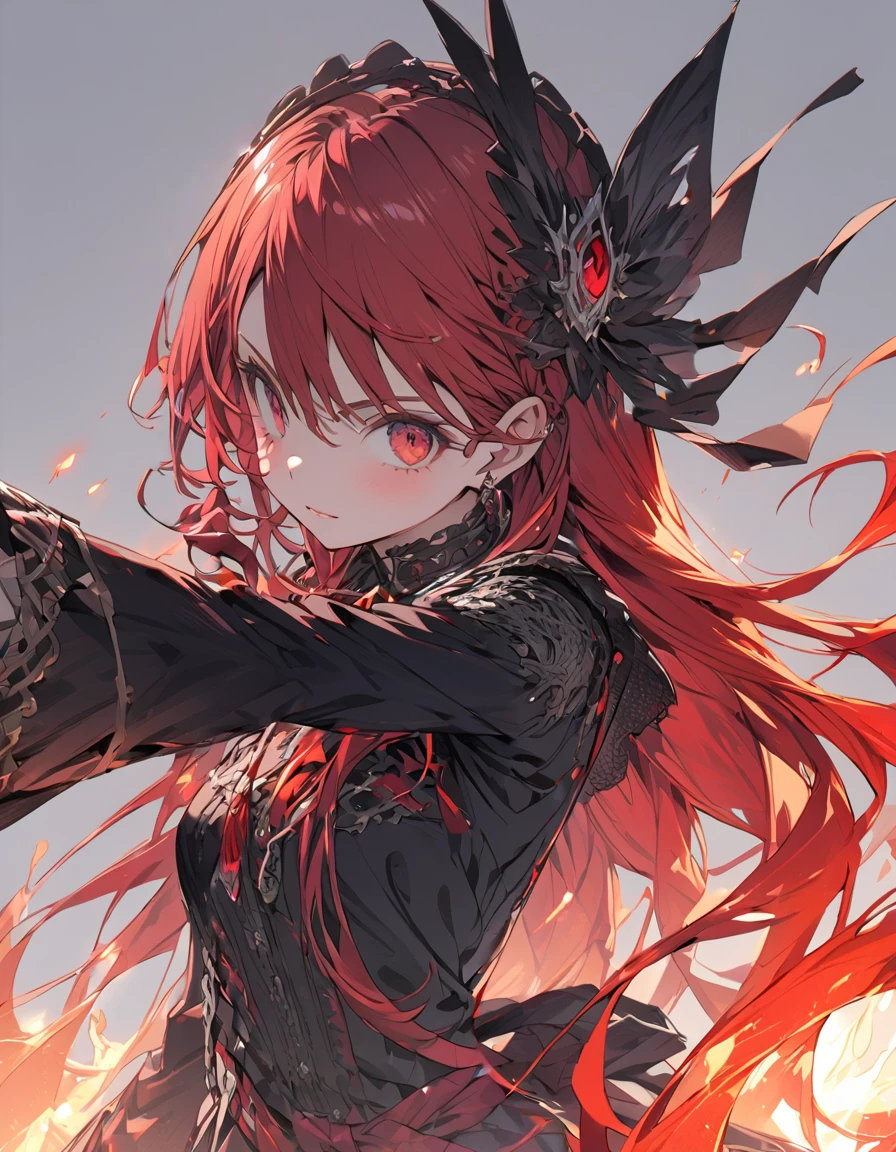 Detailed description Girl Very long red hair Intense flames all over
