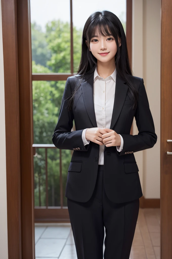 One girl、top-quality、ultra-detailliert、masuter piece、Raw photo、finely detail、hight resolution、wearing a suit、No skin exposure、inside the house、shiny black hair、soft smiling、Eyes staring at a loved one、arms around waist、
