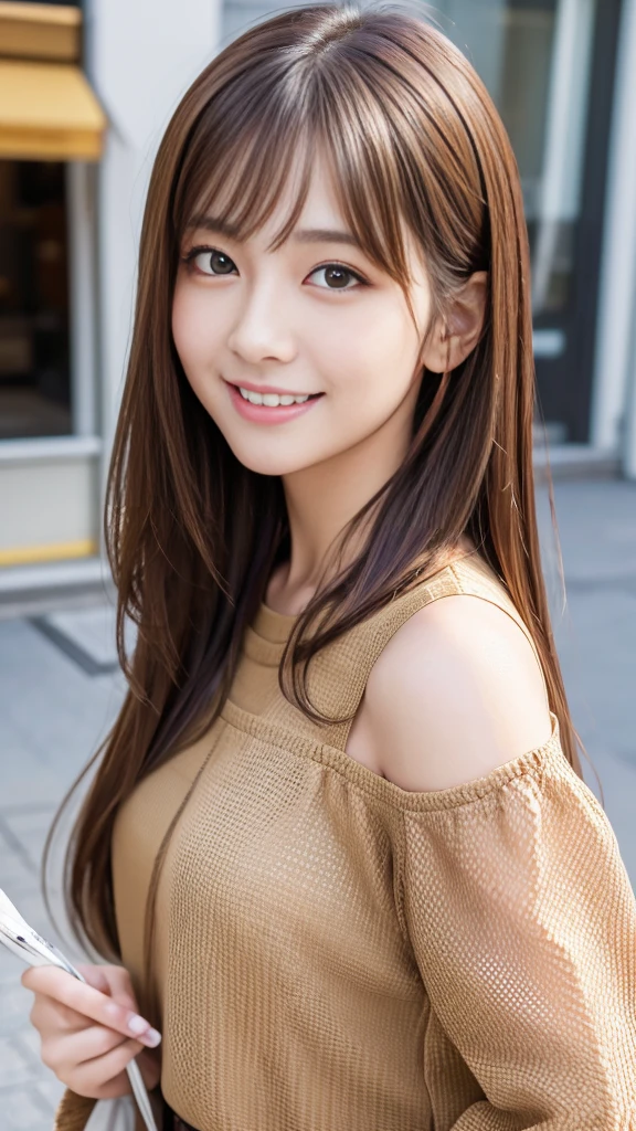 Ultra-high resolution, Superior Quality, highest quality, Super detailed, Realistic, 8K, RAW Photos, highest quality, masterpiece, Attractive girl, A wonderful girl, Brown Hair, Shoulder-length layered, Mesh Hair, Japanese Idols, Sophisticated, stylish, blouse,smile、Random cute poses、Selfie composition、Right hand to mouth、I'm in the city,Super huge