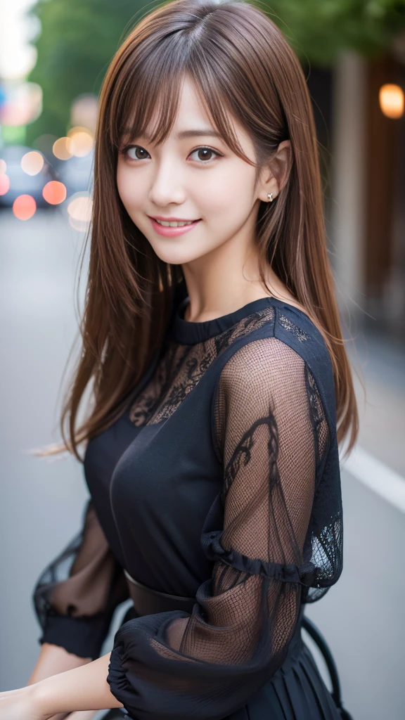 Ultra-high resolution, Superior Quality, highest quality, Super detailed, Realistic, 8K, RAW Photos, highest quality, masterpiece, Attractive girl, A wonderful girl, Brown Hair, Shoulder-length layered, Mesh Hair, Japanese Idols, Sophisticated, stylish, blouse,smile、Random cute poses、Selfie composition、Right hand to mouth、I&#39;m in the city，Super huge