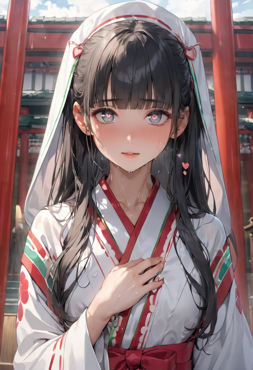 (sweaty skin) (standing, in the Fukuoka hakata city), (pov close up face) solo:2, 15 yo, ((blunt bangs)) (black hair long hair panic:1.4 shrine maiden girl), (((heart shaped:1.2 pupils gray eyes))), hand put on own chest, in a shrine maiden clothes, BREAK, perfect anatomy, masterpiece, best quality, 16k, beautiful detailed grow, daydreaming expression.