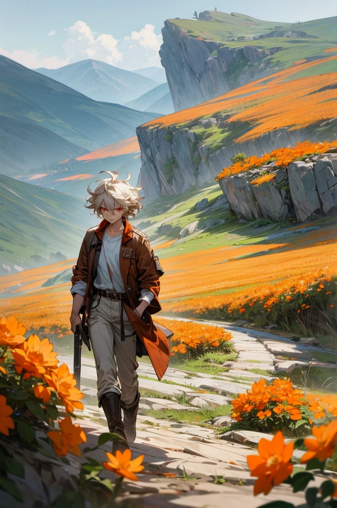 (8k, Best Quality, Masterpiece) an anime character/manga walking in a natural landscape. The character has white, messy hair., red eyes and determined expression. He wears a brown jacket with red details, a white shirt, dark pants and boots. He has a belt with various pockets and tools. The setting is a mountainous landscape with rock formations in the background and a stone path that crosses a field full of orange flowers. The atmosphere is calm and serene, with a combination of soft colors and well-defined details that enhance both the character and the environment.
