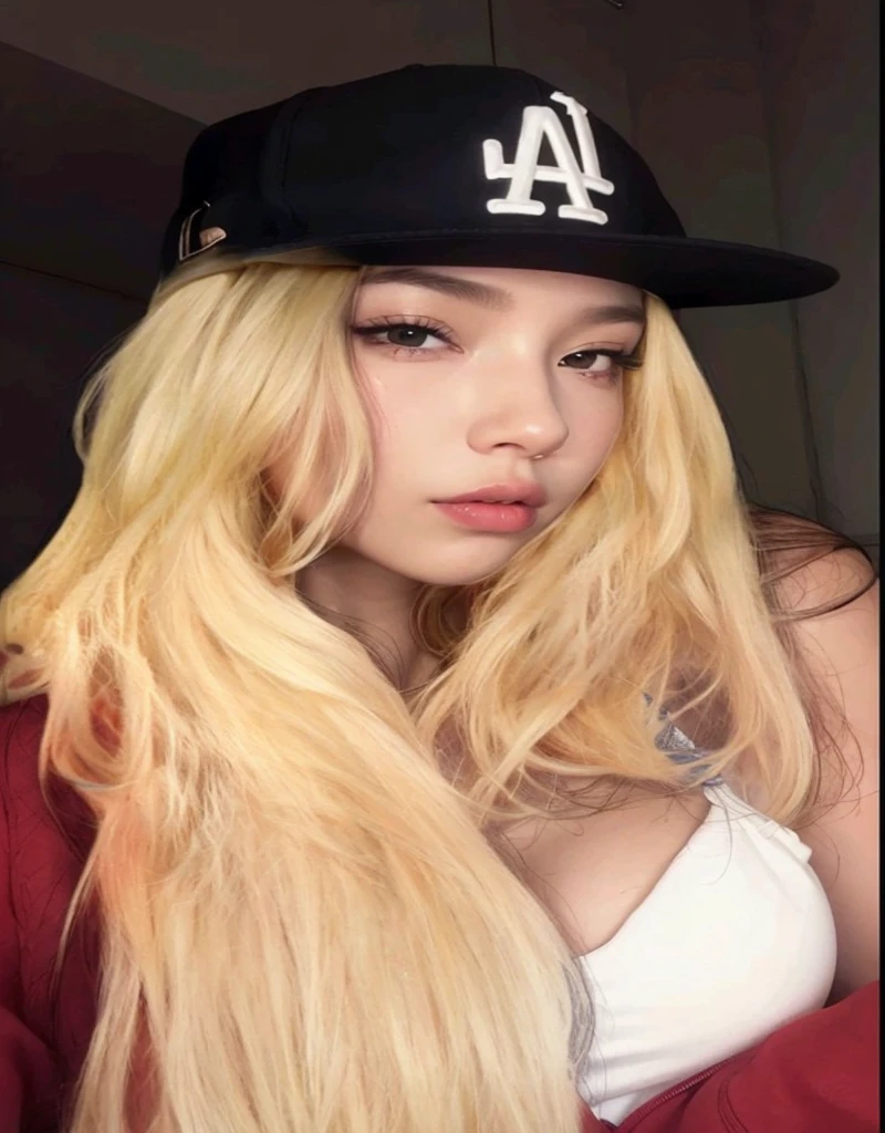 a Close up of a woman with long blonde hair wearing a baseball cap, Cl, ava max, parque roseanne de blackpink, light yellow hair, extremely light blonde hair, with white long hair, with long blonde hair, A girl with blonde hair, long YELLOW hair, medium yellow blonde hair, with long white hair, Asian with long hair, very light blonde hair
