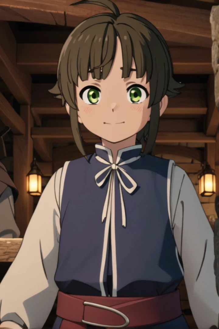 an 8 year old, (Norm Greyrat), stop at a medieval tavern, she is looking at the viewer,  her face is detailed and smooth, her eyes are hyper detailed, masterpiece Soft lighting and detailed ambience create an immersive environment where imagination runs wild,
No estilo mushoku tensei,
超detailded, high quality visuals, Poor lighting, sharply focused, octane rendering, 8k hd nud