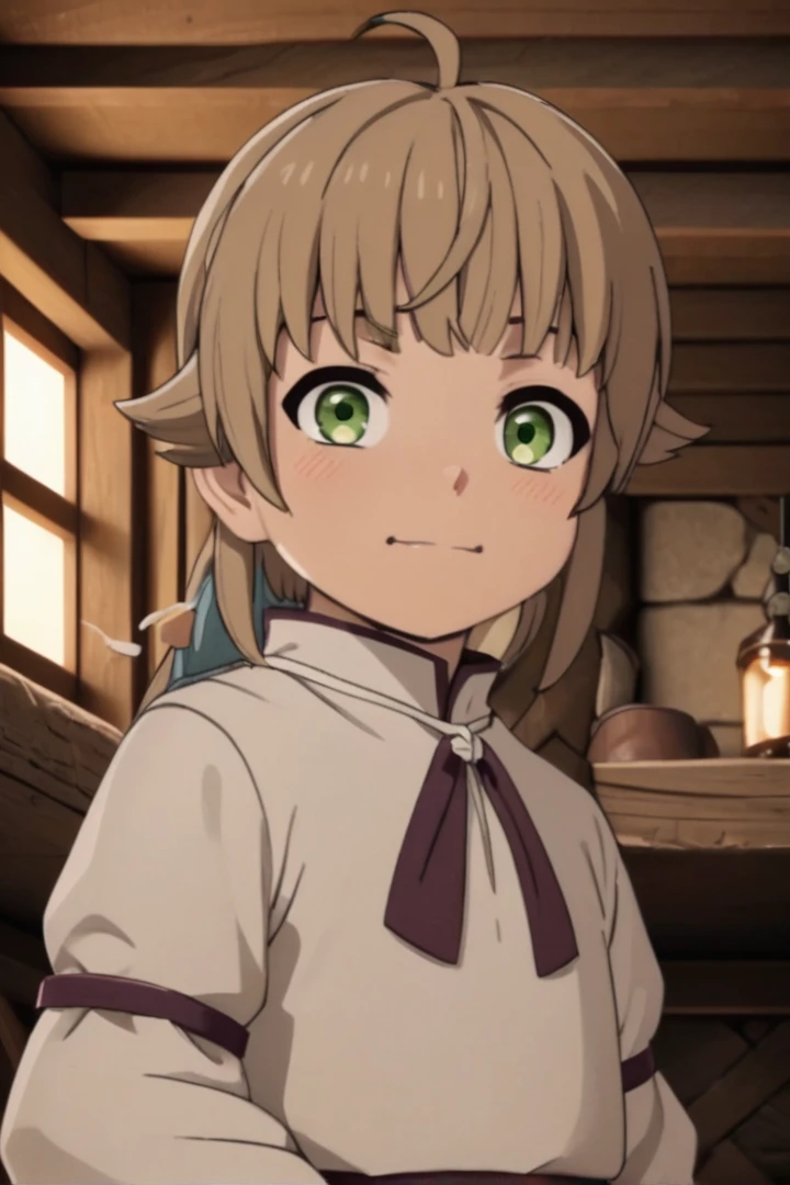 an 8 year old, (Norm Greyrat), stop at a medieval tavern, she is looking at the viewer,  her face is detailed and smooth, her eyes are hyper detailed, masterpiece Soft lighting and detailed ambience create an immersive environment where imagination runs wild,
No estilo mushoku tensei,
超detailded, high quality visuals, Poor lighting, sharply focused, octane rendering, 8k hd nud