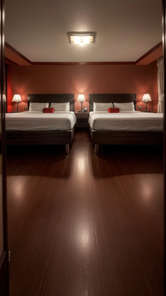 Motel scenery, from front view, room with red lights, double box bed, mirrored ceiling, textured, maximum detail, nobody, highest quallity, work of art, sex environment