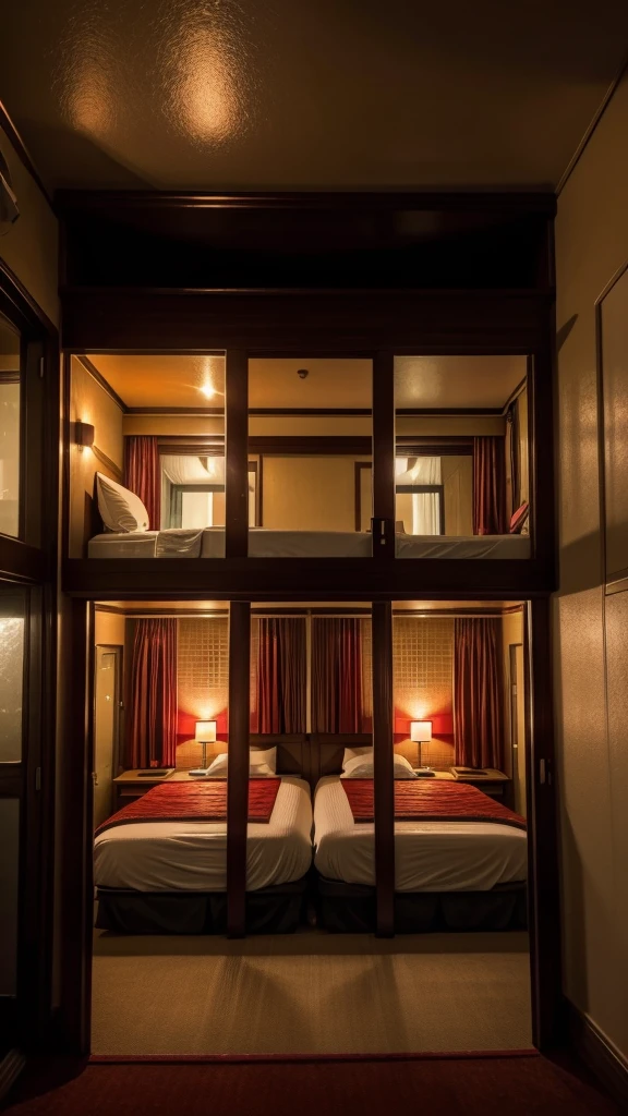Motel scenery, from front view, room with red lights, double box bed, mirrored ceiling, textured, maximum detail, nobody, highest quallity, work of art, sex environment