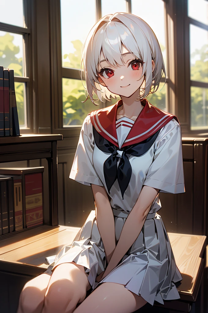 ((masterpiece,Highest quality, High resolution)), One girl, alone, Red eyes, Short white hair, Sitting, Arms folded on the table, smile, , White Seraphim, Red Sailor Collar, Short sleeve, White pleated skirt, (In the library), Dramatic Light, Next to the window, afternoon light through the window, afternoon, Bokeh effect
