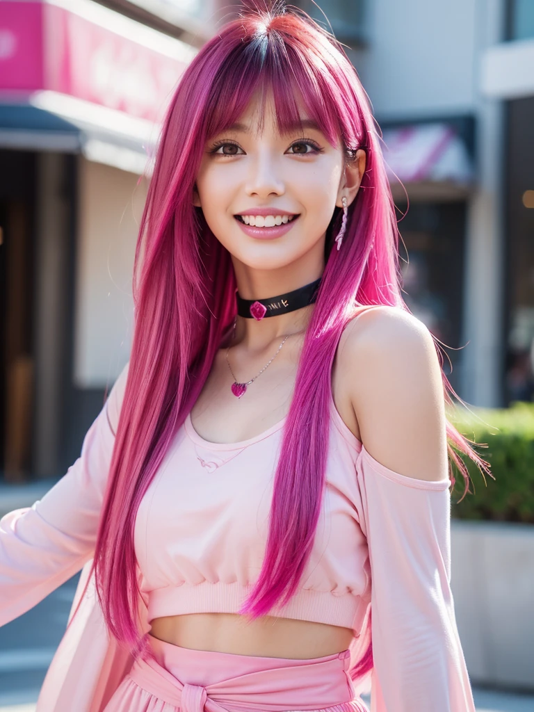 1girl, alone, solitary, high quality, (best quality,4k,8k,highres,masterpiece:1.2),ultra-detailed,(realistic,photorealistic,photo-realistic:1.37),gorgeous hair,fuchsia hair,long straight hair with bangs,sharp eyes,mole under the eye,plump lips,jewelry,(high detailed skin:1.4),(rim lighting:1.3),(lit:1.3),(sunny day:1.3),portrait,beautiful lips,waist-length hair,seductive gaze,moles,casual clothes,colorful clothing,close up,super long hair,choker necklace,tattoos,tattooed,light eyes,bangs,fringe,20 year old,dimples on the cheeks,dimples,beautiful smile,perfect teeth,straight teeth,perfect sized teeth,dazzling smile,neon pink hair,neonhair,magenta hair,bright neon pink hair,neon pink,neonpink