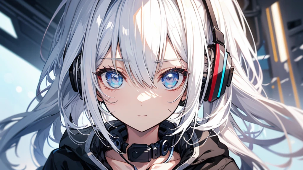 Girl wearing headphones。White Hair