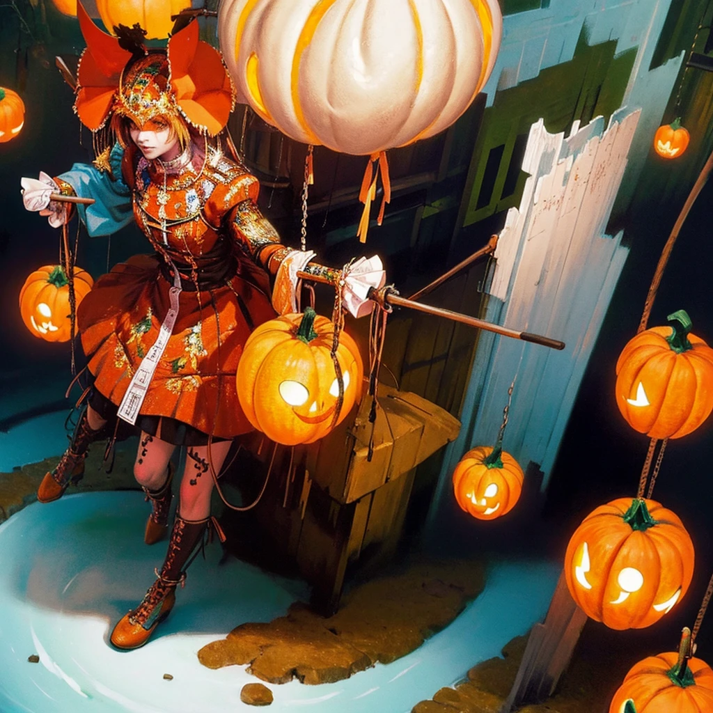 a dynamic horror pumpkin scarecrow, beautiful angle, colored pencil drawing, concept art, comics style, intricate details, high quality, hyper realistic, extremely detailed, 8k, masterpiece, vivid colors, dramatic lighting, moody atmosphere