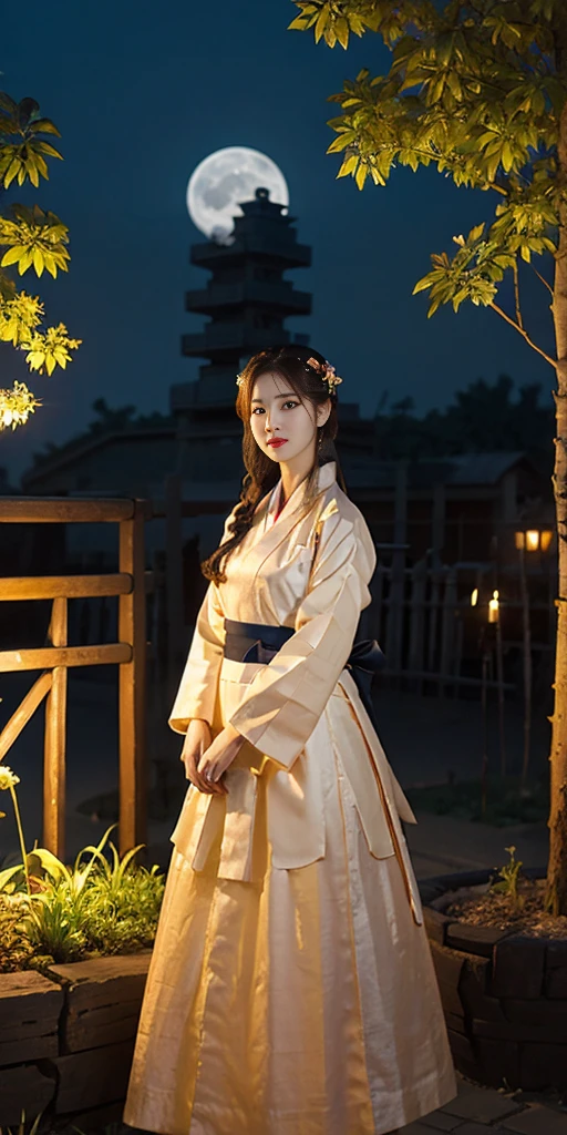 best quality, high_resolution, distinct_image, detailed background ,girl, hanbok,flower,garden,moon, night,dutch angle, wide shot, crown,