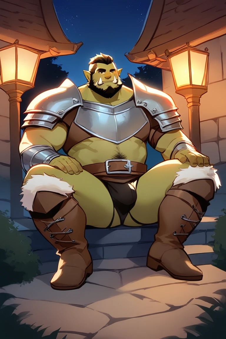 score_9, score_8_up, score_7_up, solo, male focus, mature male, orc, green skin, tusks, beard, outdoors, micro armor , shoulder armor, breastplate, upper body , pauldrons, night, night sky,, boots  , (black briefs)  , full body , laying spread legs , legs up , massive rounded ass