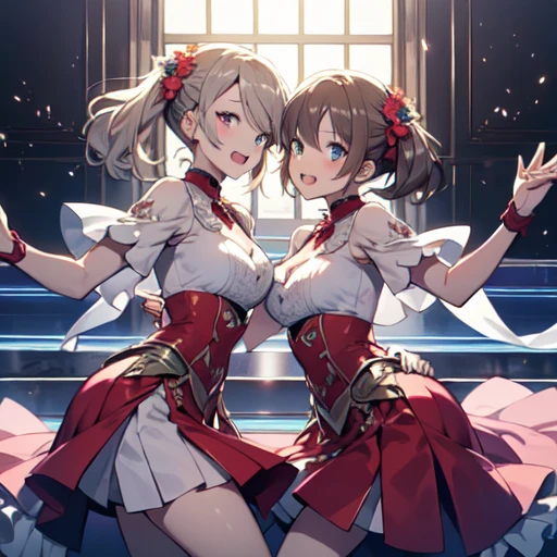 (masterpiece:1.2), (highest quality:1.2), Perfect Eyes, Perfect Face, Perfect lighting, 2 girls, group shot, dancing