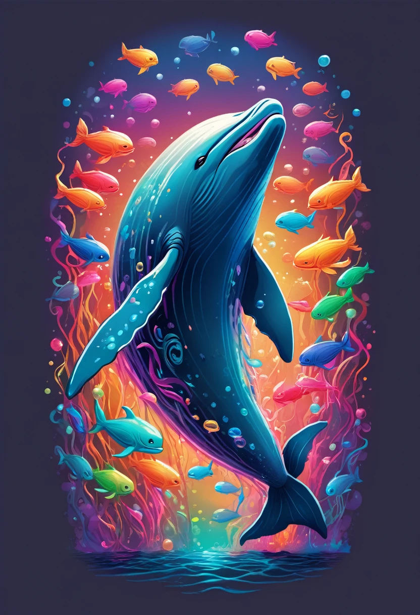 creative logo ilustration of a big grey whale surrounded by colorful glowing jelly fishes, digital art style by dan mumford, marc simonetti, frank frazetta, sketch, high definition, negative space, logo style, T-shirt design
