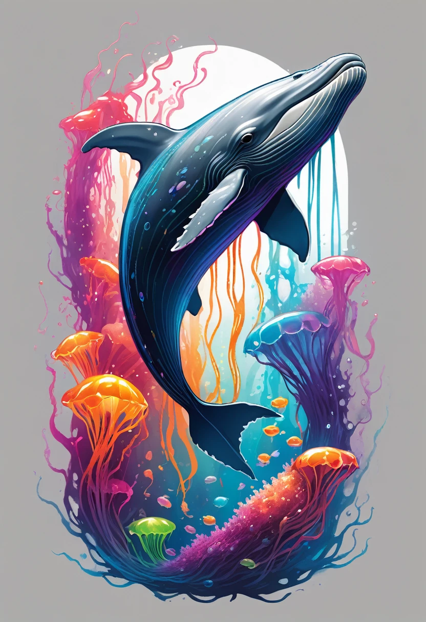 creative logo ilustration of a big grey whale surrounded by colorful glowing jelly fishes,  digital art style by dan mumford, marc simonetti, frank frazetta, sketch, high definition, negative space, logo style, T-shirt design