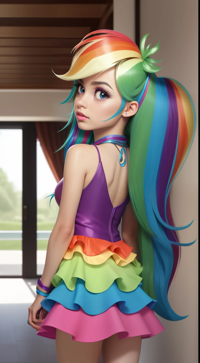 Rainbow Dash, Rainbow Dash of My Little Pony, Rainbow Dash as a girl, length hair, Luxurious hair, Lush hair, feminine, girly, jewelry, makeup, dress, high heels