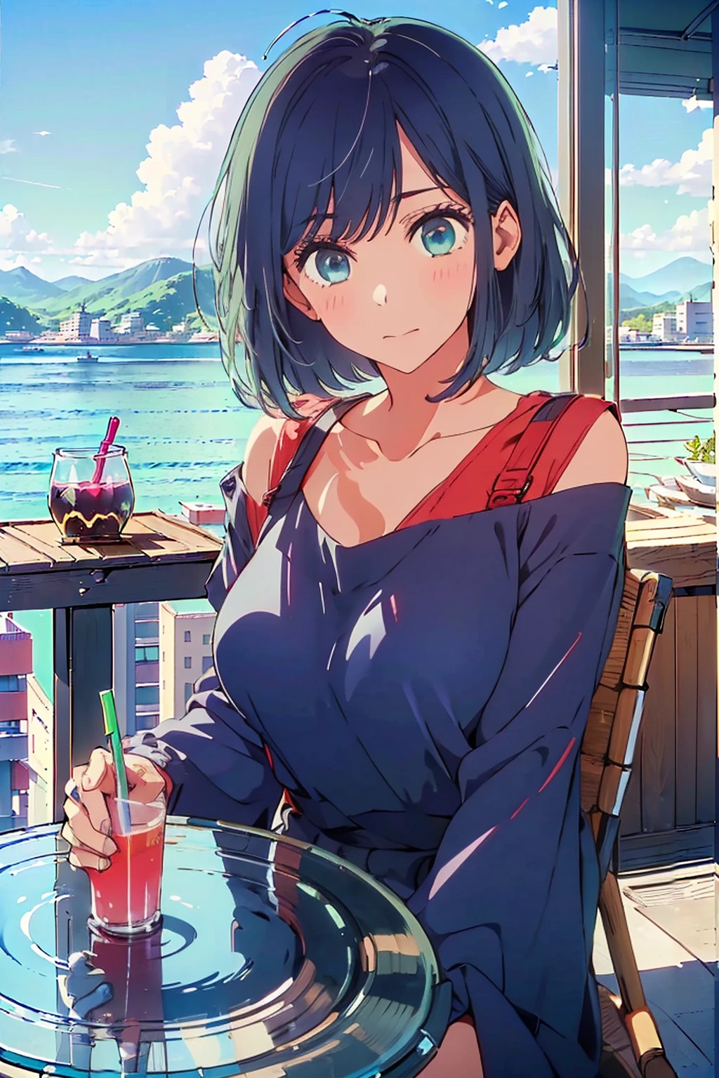(Highest quality:1.4、masterpiece:1.4、超detailed:1.4、Ultra-high resolution:1.4、Absurd:1.4、Absolute Resolution:1.4、8K:1.4、detailed:1.4)、Slim body、((((1 person、Surprised expression、sit、Chair、In the background are the urban buildings of Tokyo、looking at the camera、Outdoor café terrace、Navy hair color、juice、table、Very cute face))))、((((nude、very beautiful areola、valley))))、(Pose with hands tucked behind ears:1.4、Cheek resting on hand:1.4)、Tank top、Very blue sky、A completely cloudless sky